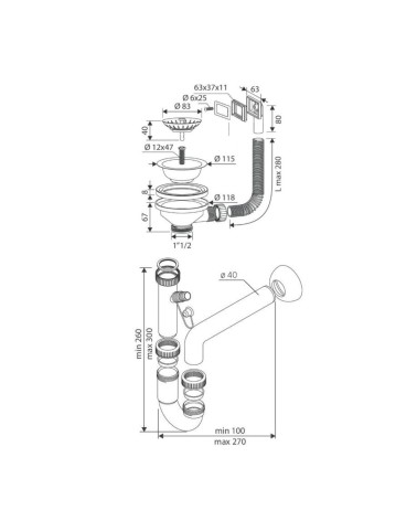 Sifone a 1 via per lavelli in quarzo con pilettone eco e troppo pieno rettangole con griglia inox