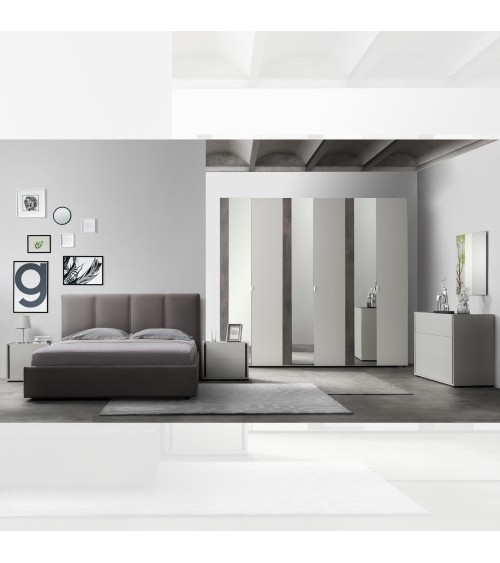Camera da letto Mirelle colore grigio perla e ossido grigio scuro con armadio 6 ante a specchi e letto contenitore