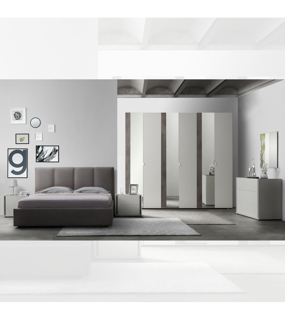 Camera da letto Mirelle colore grigio perla e ossido grigio scuro con armadio 6 ante a specchi e letto contenitore