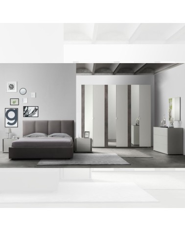 Camera da letto Mirelle colore grigio perla e ossido grigio scuro con armadio 6 ante a specchi e letto contenitore