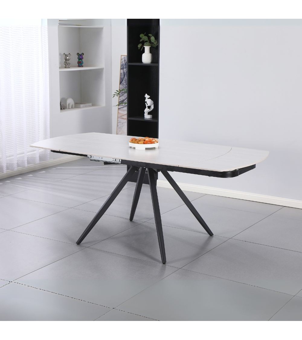 Tavolo girevole allungabile Kitti con piano in ceramica larice beige e gambe in metallo nero