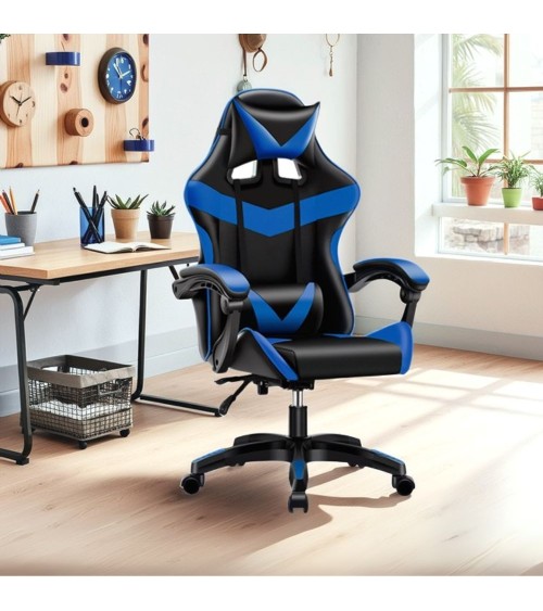 Sedia da ufficio Gaming con schienale alto e imbottitura in PVC colore nero con dettagli blu