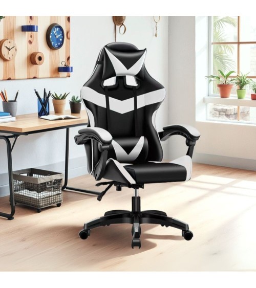 Sedia da ufficio Gaming con schienale alto e imbottitura in PVC colore nero con dettagli bianco