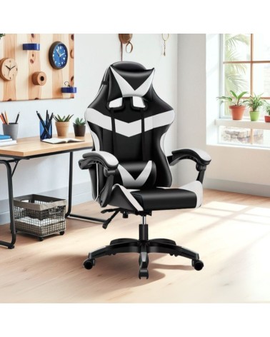 Sedia da ufficio Gaming con schienale alto e imbottitura in PVC colore nero con dettagli bianco