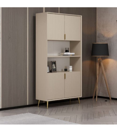 Credenza alta Kale con 4 ante effetto cannettato e 2 nicchie a giorno colore cashmere
