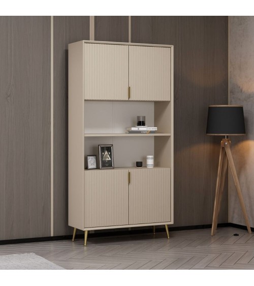 Credenza alta Kale con 4 ante effetto cannettato e 2 nicchie a giorno colore cashmere