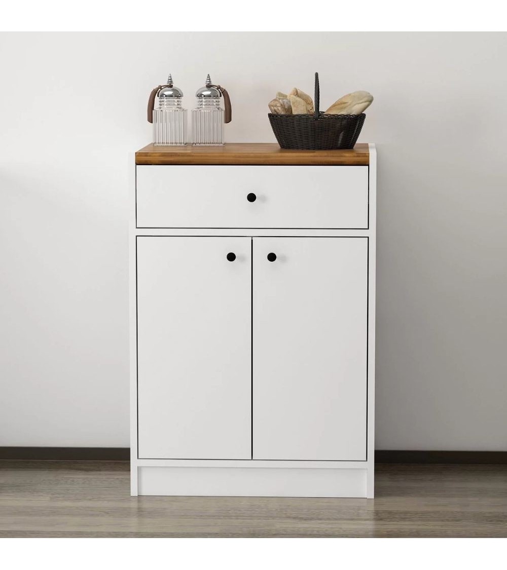 Mobile multiuso Viola con 2 ante e 1 cassetto colore bianco con top rovere scuro