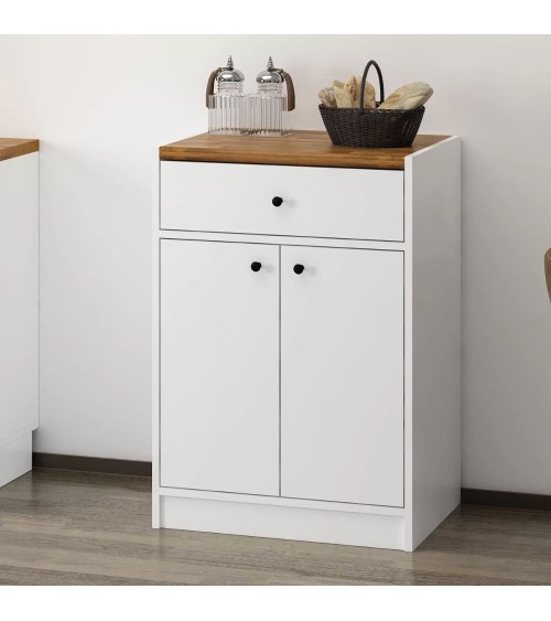 Mobile multiuso Viola con 2 ante e 1 cassetto colore bianco con top rovere scuro