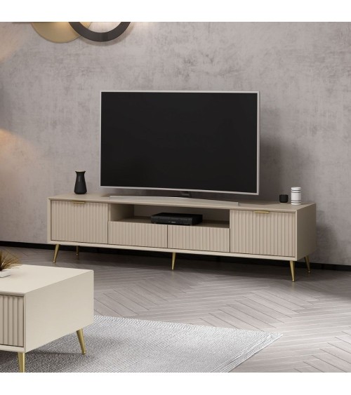 Porta tv Kale con 4 ante effetto cannettato e nicchia a giorno colore cashmere con maniglie e piedini oro