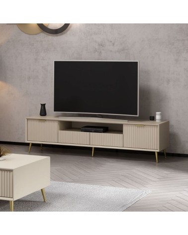 Porta tv Kale con 4 ante effetto cannettato e nicchia a giorno colore cashmere con maniglie e piedini oro