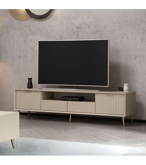 Porta tv Kale con 4 ante effetto cannettato e nicchia a giorno colore cashmere con maniglie e piedini oro
