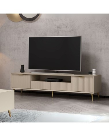 Porta tv Kale con 4 ante effetto cannettato e nicchia a giorno colore cashmere con maniglie e piedini oro