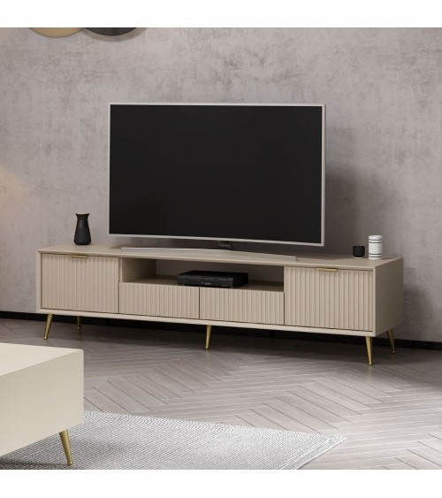 Porta tv Kale con 4 ante effetto cannettato e nicchia a giorno colore cashmere con maniglie e piedini oro