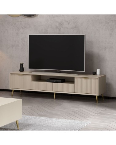 Porta tv Kale con 4 ante effetto cannettato e nicchia a giorno colore cashmere con maniglie e piedini oro