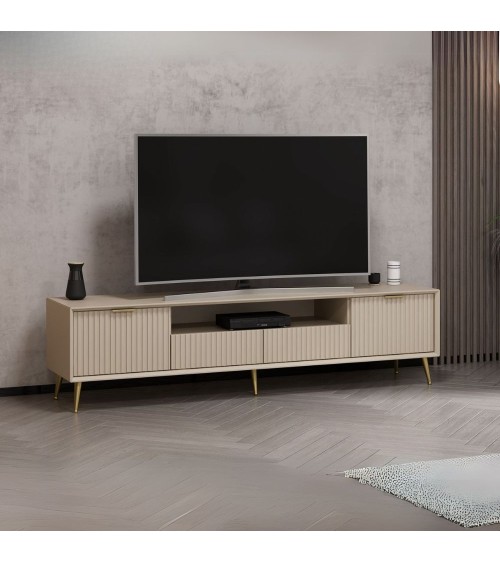 Porta tv Kale con 4 ante effetto cannettato e nicchia a giorno colore cashmere con maniglie e piedini oro