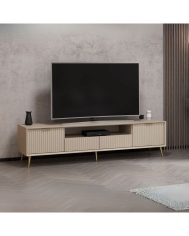 Porta tv Kale con 4 ante effetto cannettato e nicchia a giorno colore cashmere con maniglie e piedini oro
