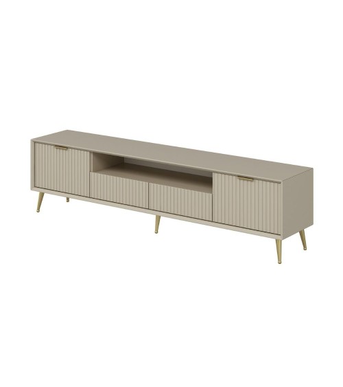 Porta tv Kale con 4 ante effetto cannettato e nicchia a giorno colore cashmere con maniglie e piedini oro