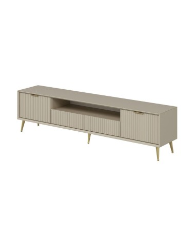 Porta tv Kale con 4 ante effetto cannettato e nicchia a giorno colore cashmere con maniglie e piedini oro