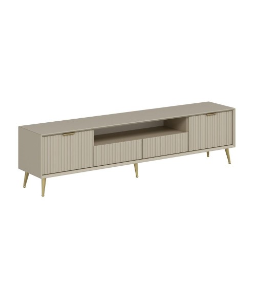 Porta tv Kale con 4 ante effetto cannettato e nicchia a giorno colore cashmere con maniglie e piedini oro