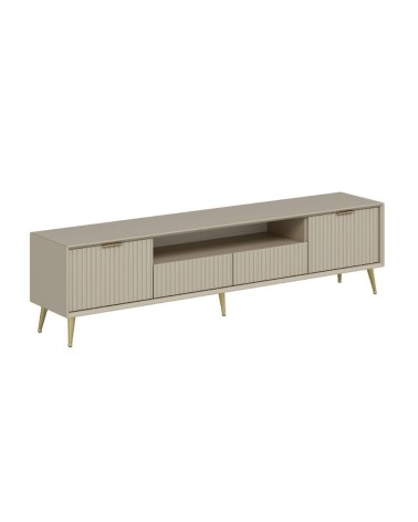 Porta tv Kale con 4 ante effetto cannettato e nicchia a giorno colore cashmere con maniglie e piedini oro