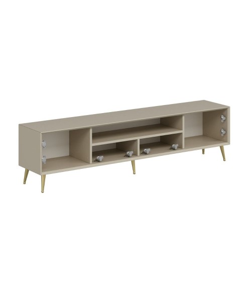 Porta tv Kale con 4 ante effetto cannettato e nicchia a giorno colore cashmere con maniglie e piedini oro
