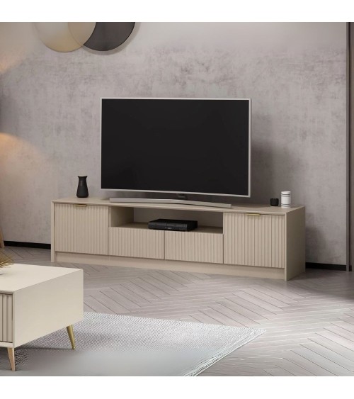 Porta tv Kale con 4 ante effetto cannettato e nicchia a giorno con maniglie oro