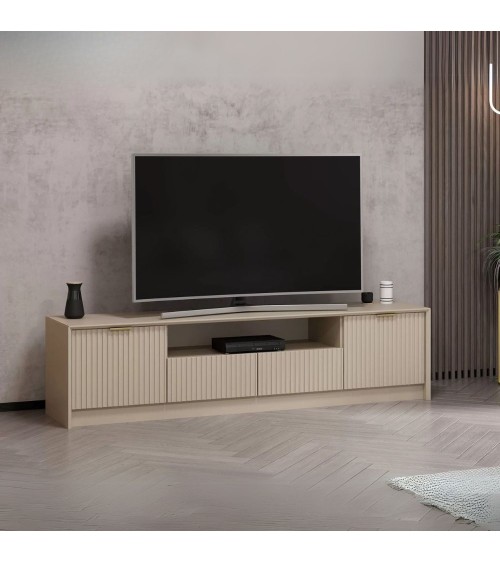 Porta tv Kale con 4 ante effetto cannettato e nicchia a giorno con maniglie oro