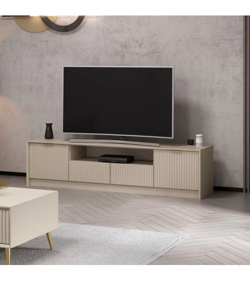 Porta tv Kale con 4 ante effetto cannettato e nicchia a giorno con maniglie oro