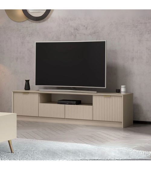 Porta tv Kale con 4 ante effetto cannettato e nicchia a giorno con maniglie oro
