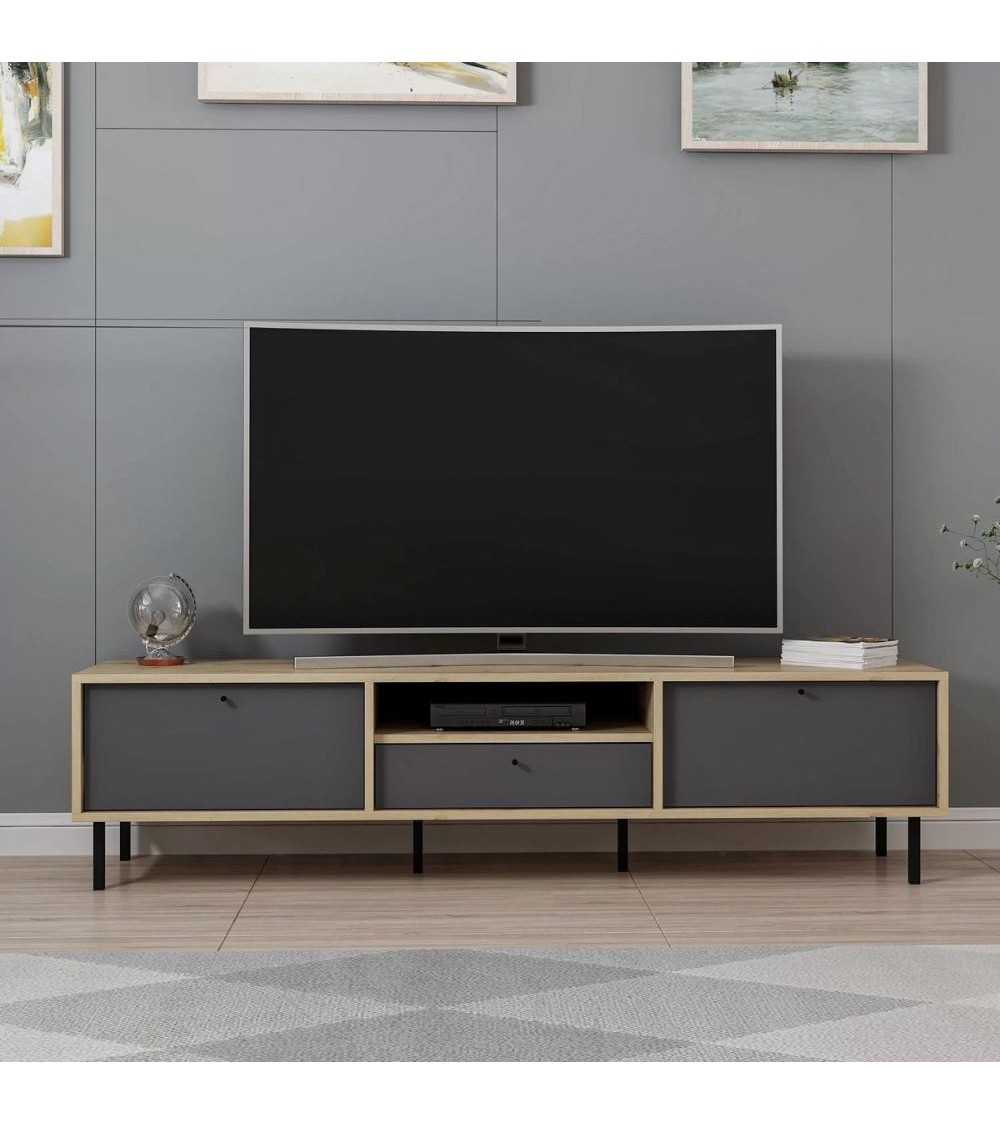 Porta tv Lida con 3 ante e 1 nicchia a giorno colore antracite e struttura rovere