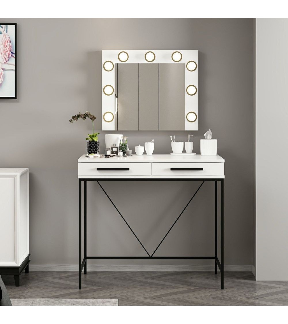 Toeletta da trucco Sane con 2 cassetti bianco con piedi neri e specchio con luci LED lampadine escluse