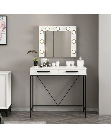 Toeletta da trucco Sane con 2 cassetti bianco con piedi neri e specchio con luci LED lampadine escluse
