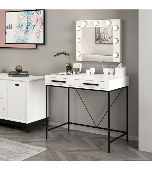 Toeletta da trucco Sane con 2 cassetti bianco con piedi neri e specchio con luci LED lampadine escluse