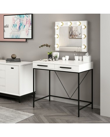 Toeletta da trucco Sane con 2 cassetti bianco con piedi neri e specchio con luci LED lampadine escluse
