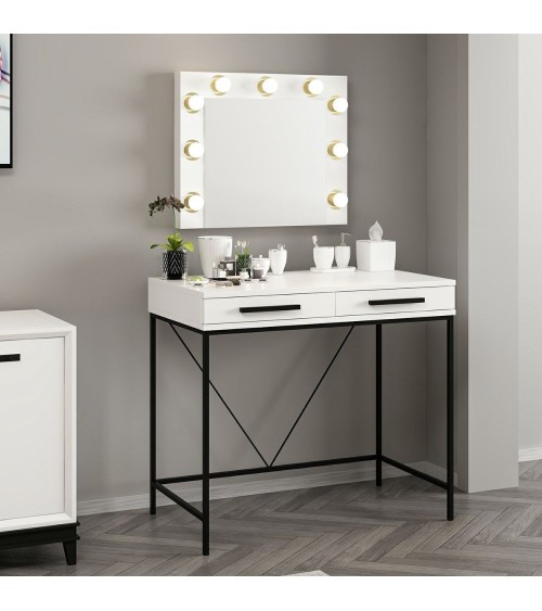 Toeletta da trucco Sane con 2 cassetti bianco con piedi neri e specchio con luci LED lampadine escluse