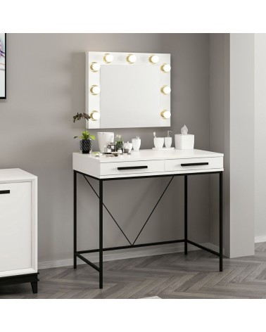 Toeletta da trucco Sane con 2 cassetti bianco con piedi neri e specchio con luci LED lampadine escluse