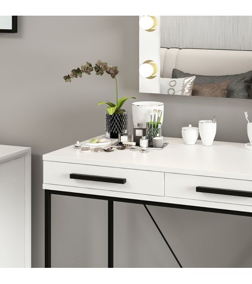 Toeletta da trucco Sane con 2 cassetti bianco con piedi neri e specchio con luci LED lampadine escluse
