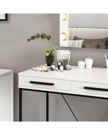 Toeletta da trucco Sane con 2 cassetti bianco con piedi neri e specchio con luci LED lampadine escluse