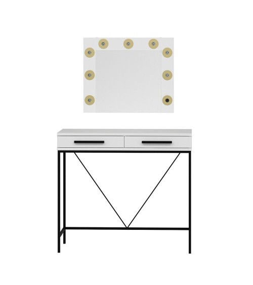 Toeletta da trucco Sane con 2 cassetti bianco con piedi neri e specchio con luci LED lampadine escluse