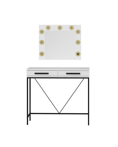 Toeletta da trucco Sane con 2 cassetti bianco con piedi neri e specchio con luci LED lampadine escluse