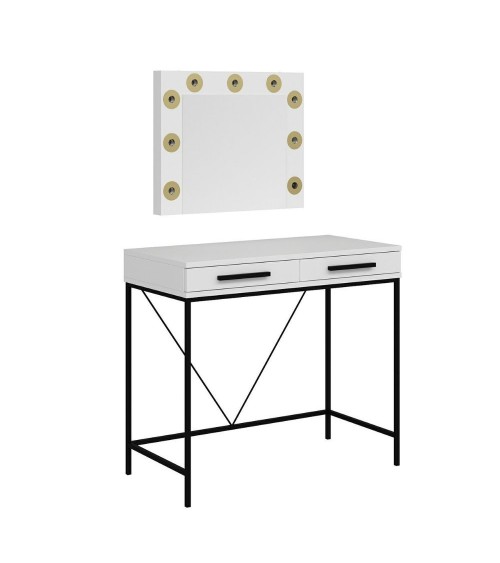 Toeletta da trucco Sane con 2 cassetti bianco con piedi neri e specchio con luci LED lampadine escluse