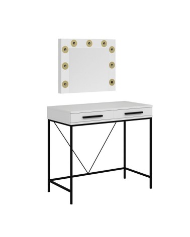 Toeletta da trucco Sane con 2 cassetti bianco con piedi neri e specchio con luci LED lampadine escluse