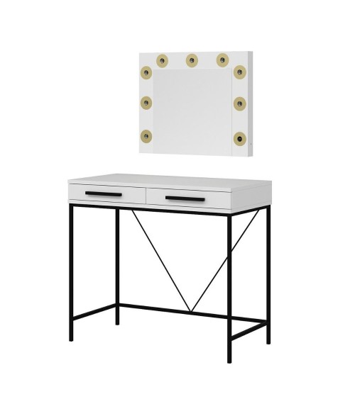 Toeletta da trucco Sane con 2 cassetti bianco con piedi neri e specchio con luci LED lampadine escluse