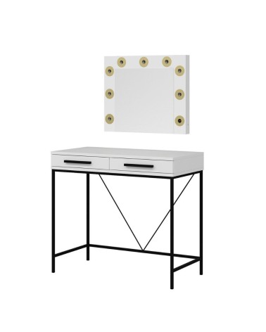 Toeletta da trucco Sane con 2 cassetti bianco con piedi neri e specchio con luci LED lampadine escluse