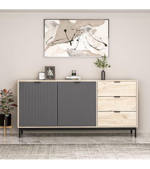 Madia Esta 180 con 2 ante colore antracite effetto cannettato e 3 cassetti rovere sonoma