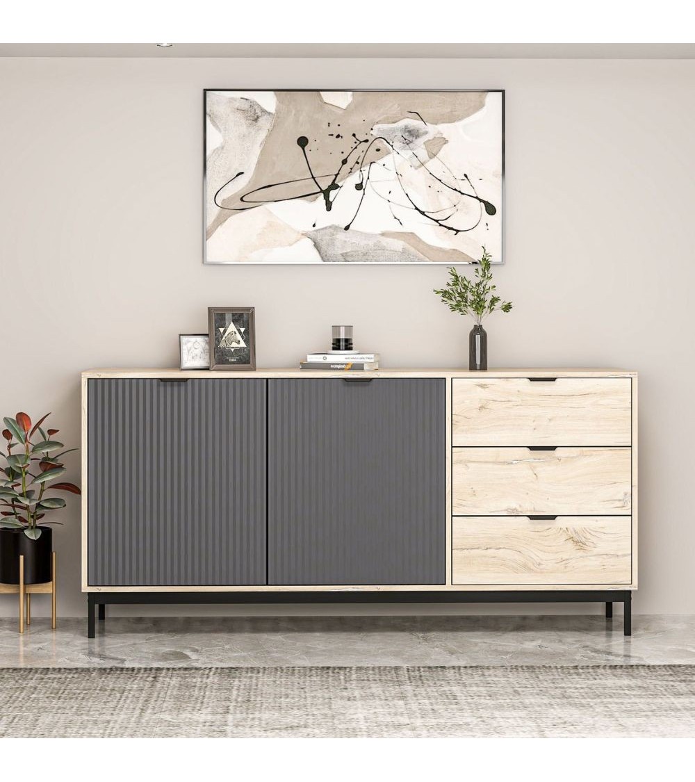 Madia Esta 180 con 2 ante colore antracite effetto cannettato e 3 cassetti rovere sonoma