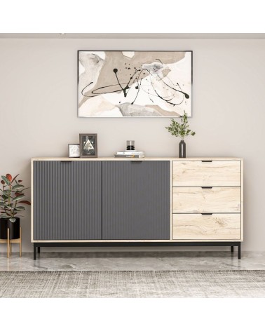 Madia Esta 180 con 2 ante colore antracite effetto cannettato e 3 cassetti rovere sonoma