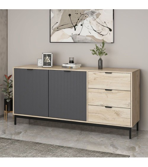 Madia Esta 180 con 2 ante colore antracite effetto cannettato e 3 cassetti rovere sonoma