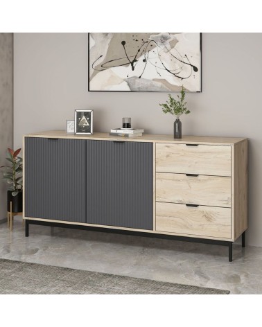 Madia Esta 180 con 2 ante colore antracite effetto cannettato e 3 cassetti rovere sonoma
