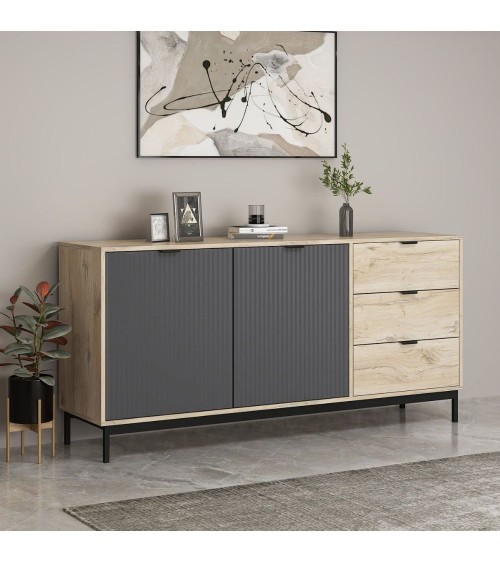 Madia Esta 180 con 2 ante colore antracite effetto cannettato e 3 cassetti rovere sonoma